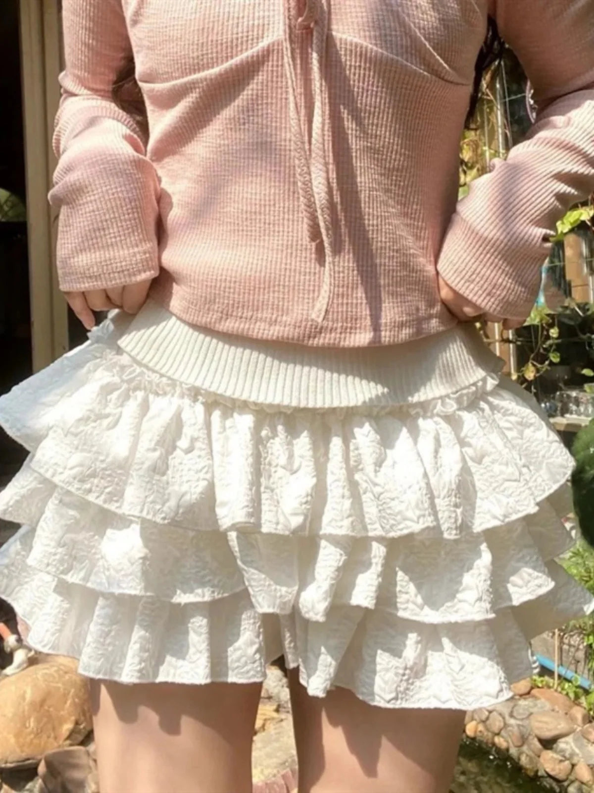 Kawaii Ball Gown Short Skirt Pleated Ruffles Layered High Waist Solid Mini Cake Skirts Lolita Girl Sweet Cute Elastic Waist  Y2K