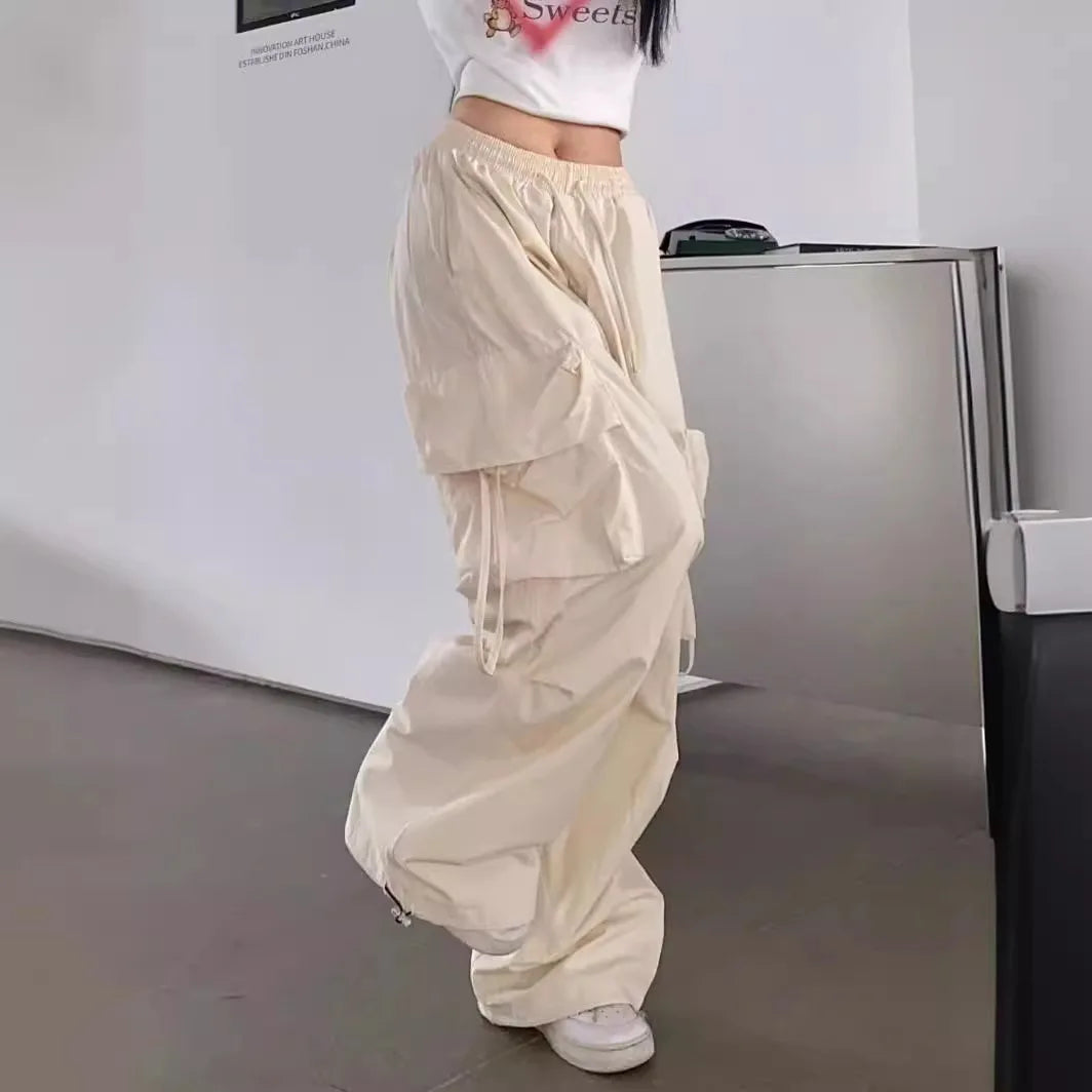 SweatPants Women Vintage Cargo Pants Fashion Elastic Waist Retro Oversized Solid Wide Leg Pant Casual Streetwear Baggy Trousers