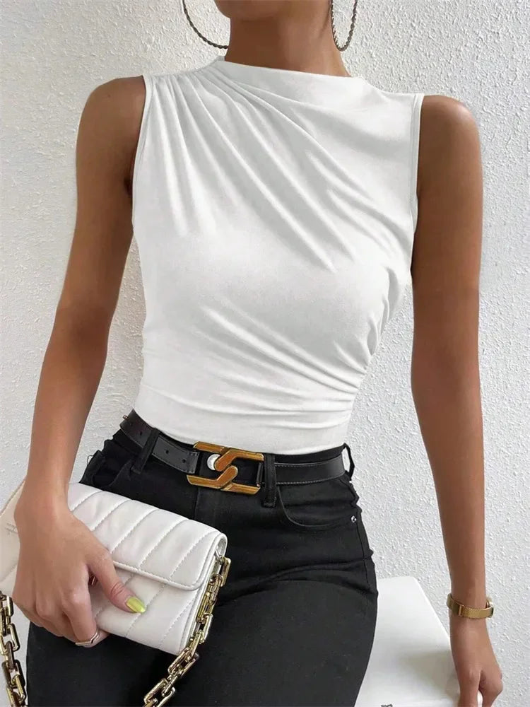 Fashion Casual Mock Neck Ruched Tank Top for Women Summer 2026 Solid Color Pleated Sleeveless Tee Shirt Tshirt Streetwear Y2K