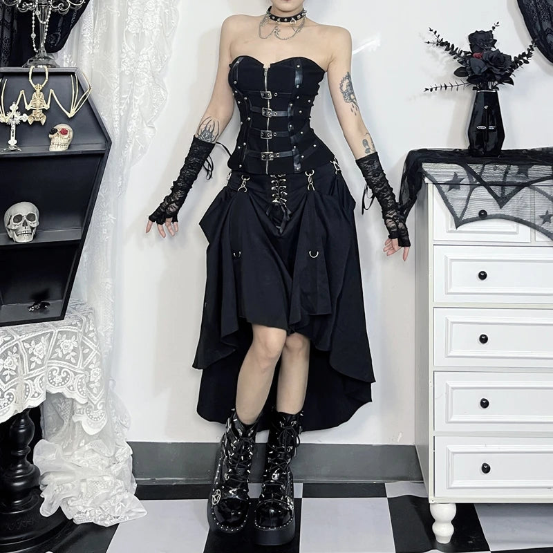 Goth Streetwear Gothic Skirt Women Harajuku Emo Alternative Grunge High Waist Bandage A-line Skirts Y2k E-girl Indie Clothes
