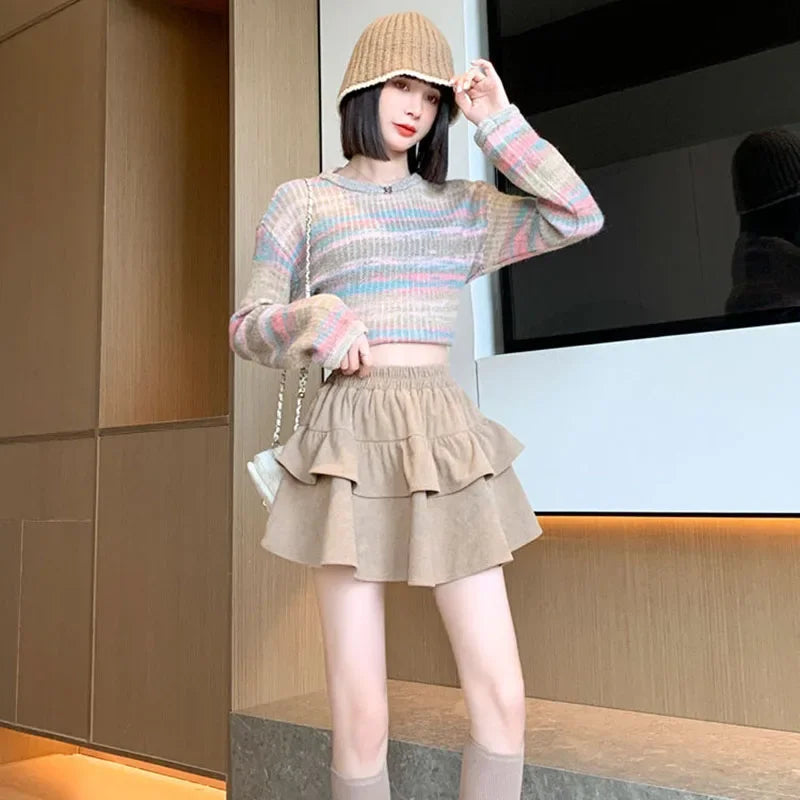 Fanan High Waist Puffy Ruffles A-line Skirt Ladies 2026 Autumn New All-match Corduroy Pleated Skirts Y2K Vintage Cake Mini Skirt