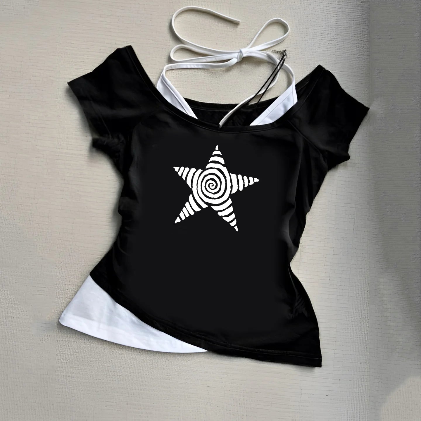 Women's Harajuku 2026 Summer Casual T-Shirt Y2K Retro Streetwear Halter Neck Print Fake Two-Piece Set Fashionable Street Style