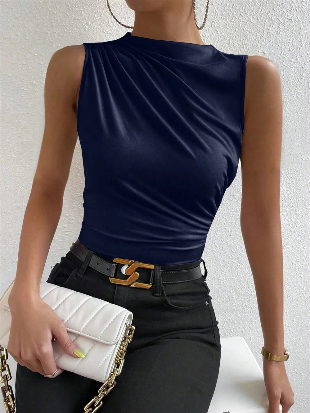 Fashion Casual Mock Neck Ruched Tank Top for Women Summer 2026 Solid Color Pleated Sleeveless Tee Shirt Tshirt Streetwear Y2K