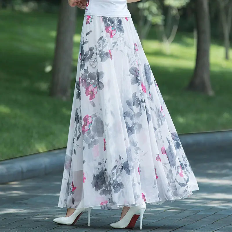 High Waist Skirts Womens Summer 2026 spring Elastic Waist Midi Full Long Skirt Print Mother Dance Skirts Swing Chiffon Skirt