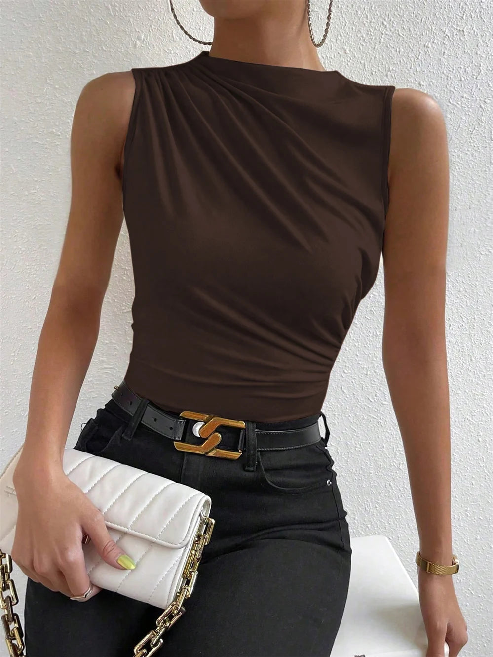 Fashion Casual Mock Neck Ruched Tank Top for Women Summer 2026 Solid Color Pleated Sleeveless Tee Shirt Tshirt Streetwear Y2K