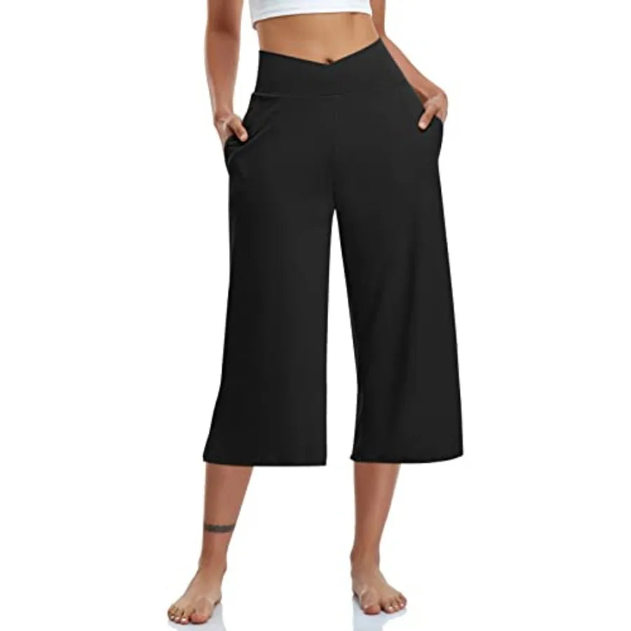 TARSE Womens Casual Wide Leg Yoga Capris Crossover High Waist Capri Pants Loose Soft Pajama Pockets Sweatpants