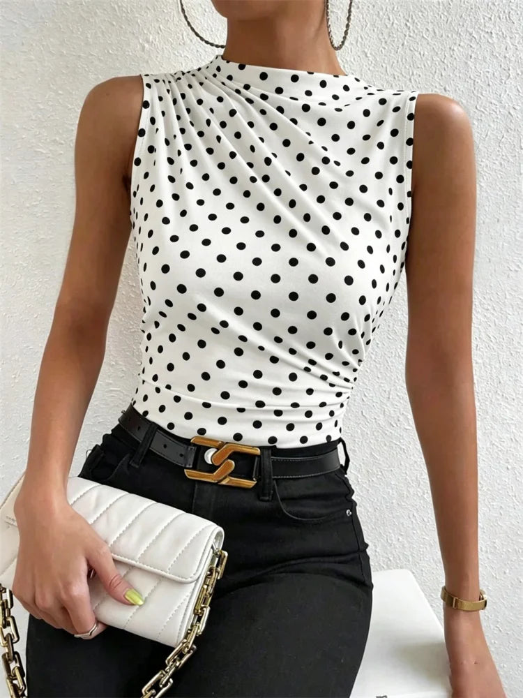 Fashion Casual Mock Neck Ruched Tank Top for Women Summer 2026 Solid Color Pleated Sleeveless Tee Shirt Tshirt Streetwear Y2K
