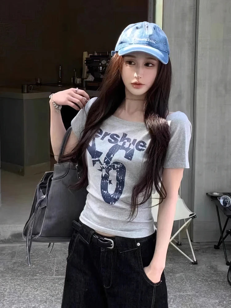 Y2k Sport Summer Off shoulder Top Women Sexy Vintage 2000s Short sleeve T shirt  Lady Body Basic Crop Top Female Casual