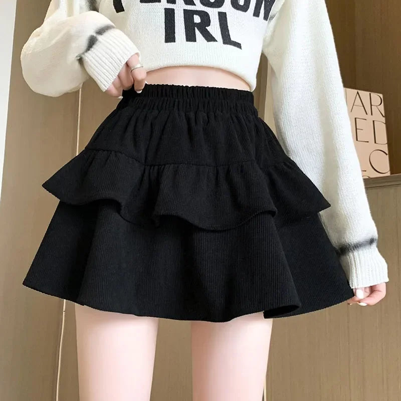 Fanan High Waist Puffy Ruffles A-line Skirt Ladies 2026 Autumn New All-match Corduroy Pleated Skirts Y2K Vintage Cake Mini Skirt