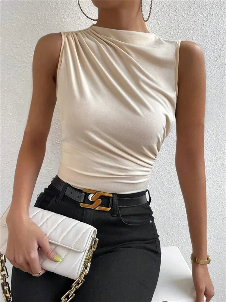 Fashion Casual Mock Neck Ruched Tank Top for Women Summer 2026 Solid Color Pleated Sleeveless Tee Shirt Tshirt Streetwear Y2K