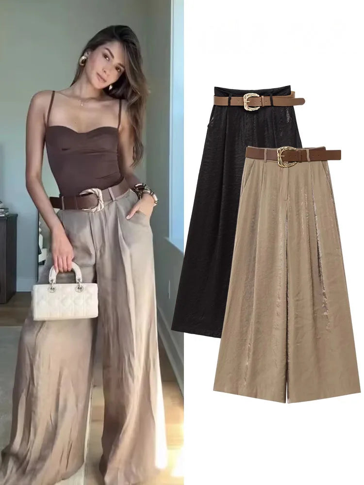 HH Women New Fashion Solid Belt Wrinkles Decorate Casual Loose Trousers Female Chic Zipper Side Pocket Slim Wide Leg Pants