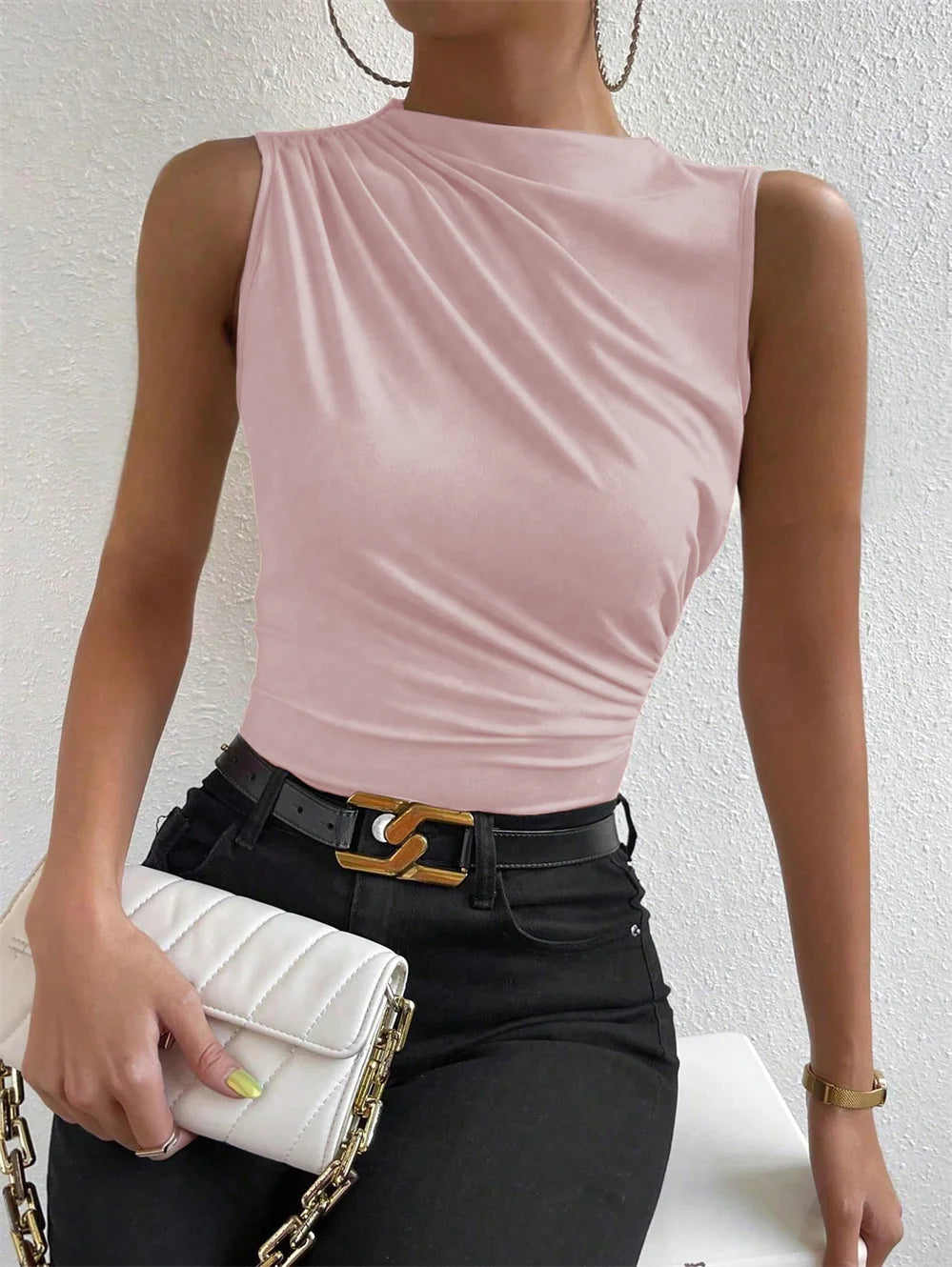 Fashion Casual Mock Neck Ruched Tank Top for Women Summer 2026 Solid Color Pleated Sleeveless Tee Shirt Tshirt Streetwear Y2K