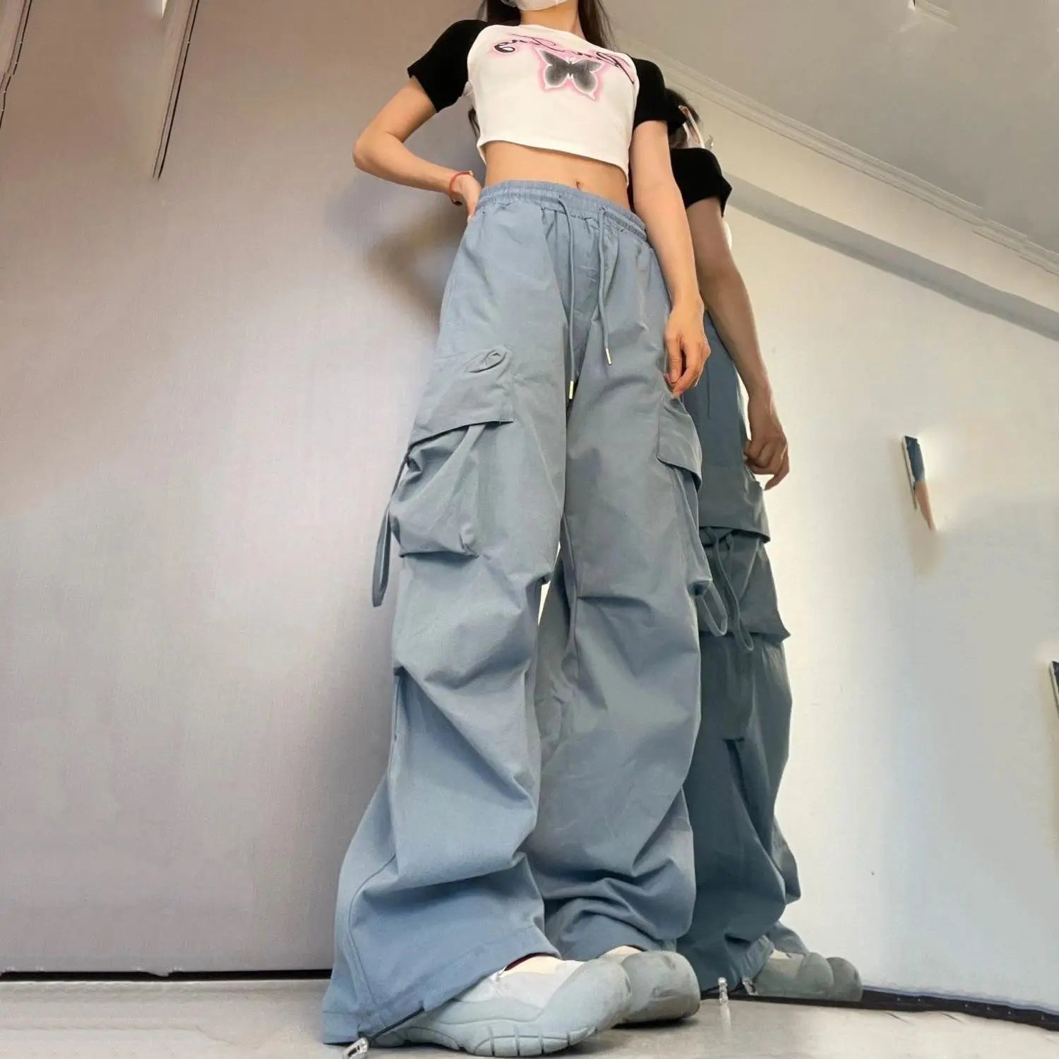 SweatPants Women Vintage Cargo Pants Fashion Elastic Waist Retro Oversized Solid Wide Leg Pant Casual Streetwear Baggy Trousers