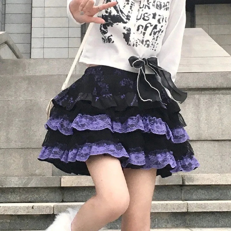Girls Miniskirt Woman Clothing Harajuku Subculture Skirts Retro Lolita Lace Cake Short Dress Summer Punk Cosplay Layered Skirt