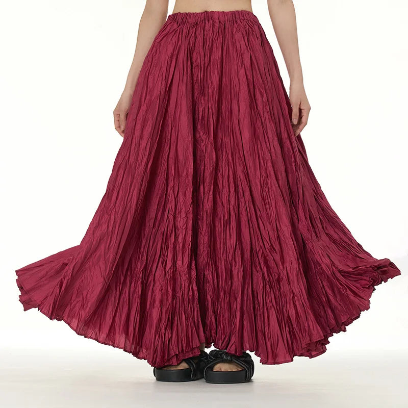 Elegant Drape Crumpled Skirts Women Summer Elastic Waist Big-Hem Long Skirts Large Size Loose Umbrella Skirts Female Streetwear