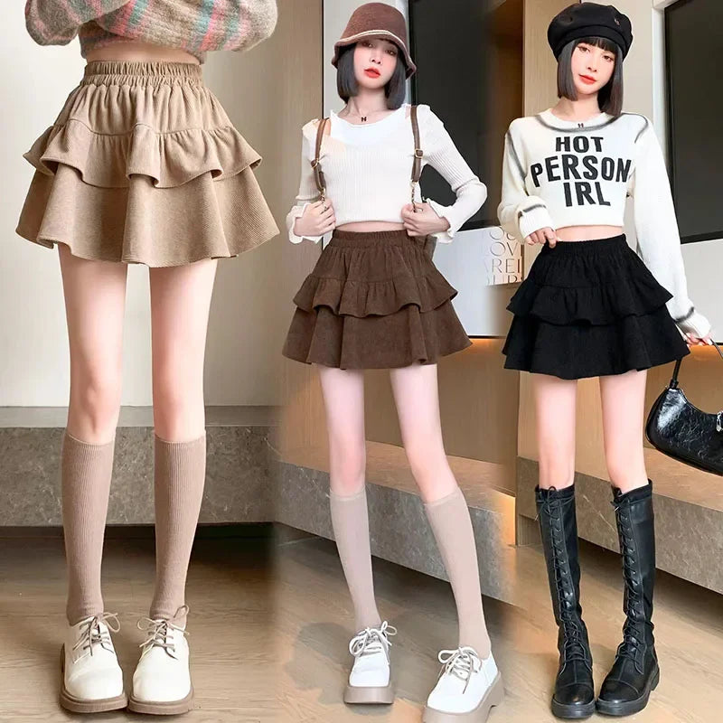 Fanan High Waist Puffy Ruffles A-line Skirt Ladies 2026 Autumn New All-match Corduroy Pleated Skirts Y2K Vintage Cake Mini Skirt