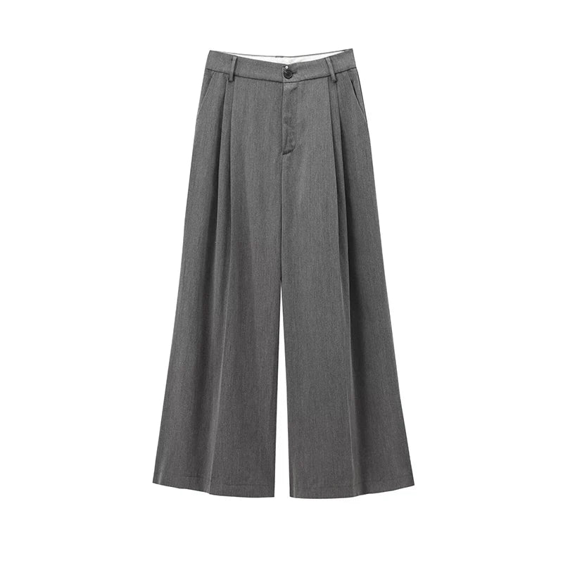 Willshela Women Fashion Grey Front Zipper Pleated Wide Leg Pants Vintage High Waist Full Length Female Chic Lady Trousers