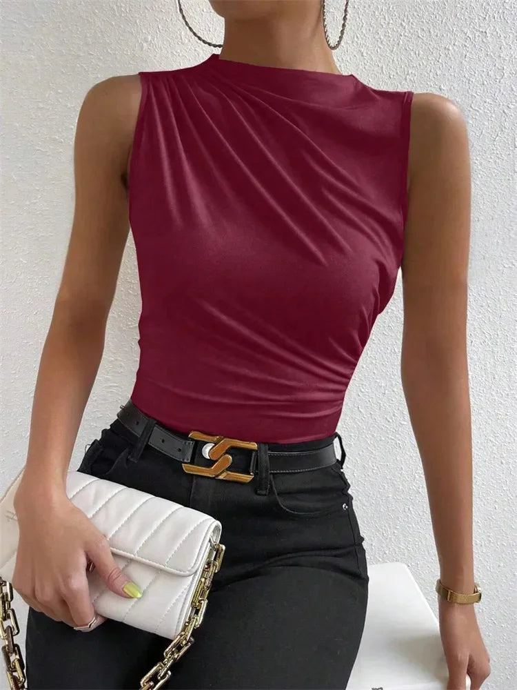 Fashion Casual Mock Neck Ruched Tank Top for Women Summer 2026 Solid Color Pleated Sleeveless Tee Shirt Tshirt Streetwear Y2K
